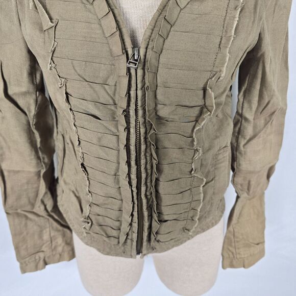 Hei Hei Anthropologie Jacket Women's 2 Olive Ruffles Zip Up Crop Pearl Buttons - Picture 3 of 10